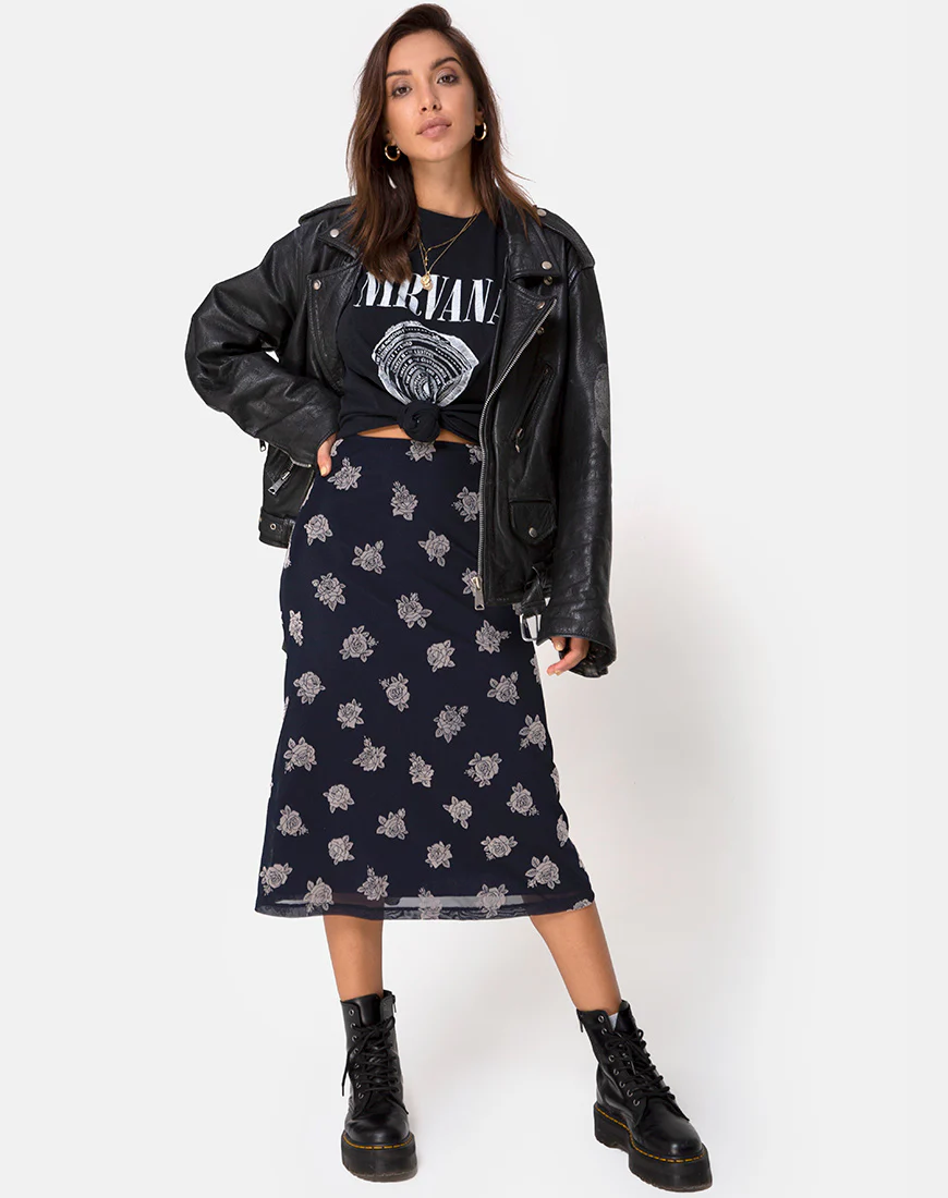 Tauri Midi Skirt in Black Flock Rose - Awmao