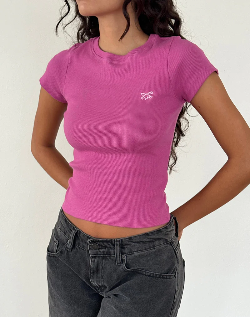 Suti Tee in Cashmere Pink with Light Pink Bow M Embroidery - Awmao
