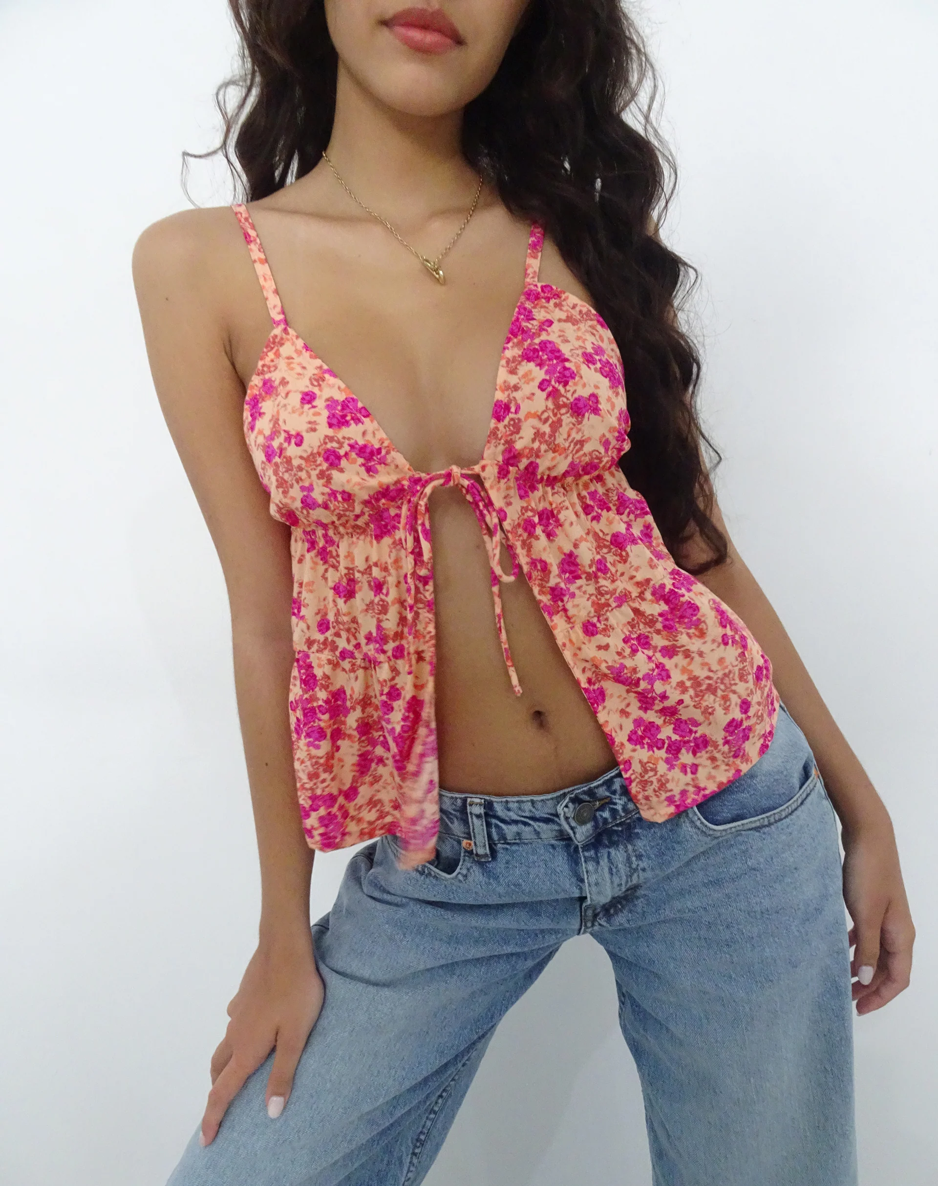 Tezza Tie Front Cami Top in Dark Wild Flower Cantaloupe - Awmao