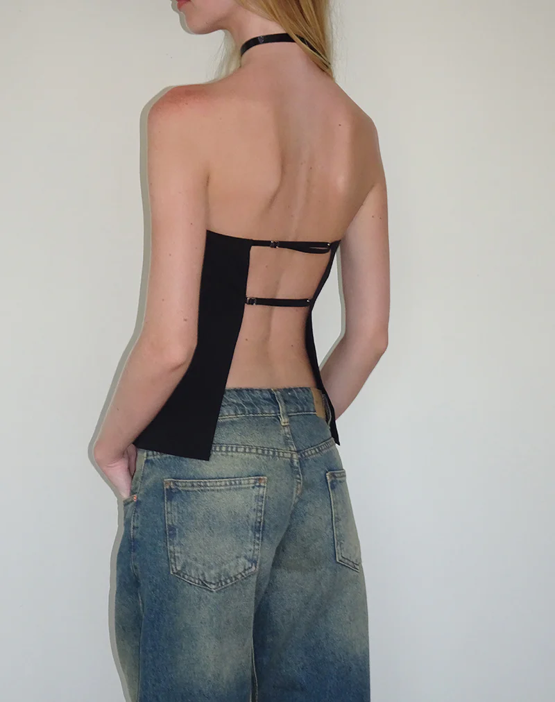 Mairi Longline Bandeau Top in Black Tailoring - Awmao