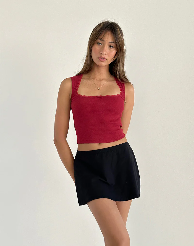 Jinila Top In Adrenaline Red With Lace Trim And Bow - Awmao