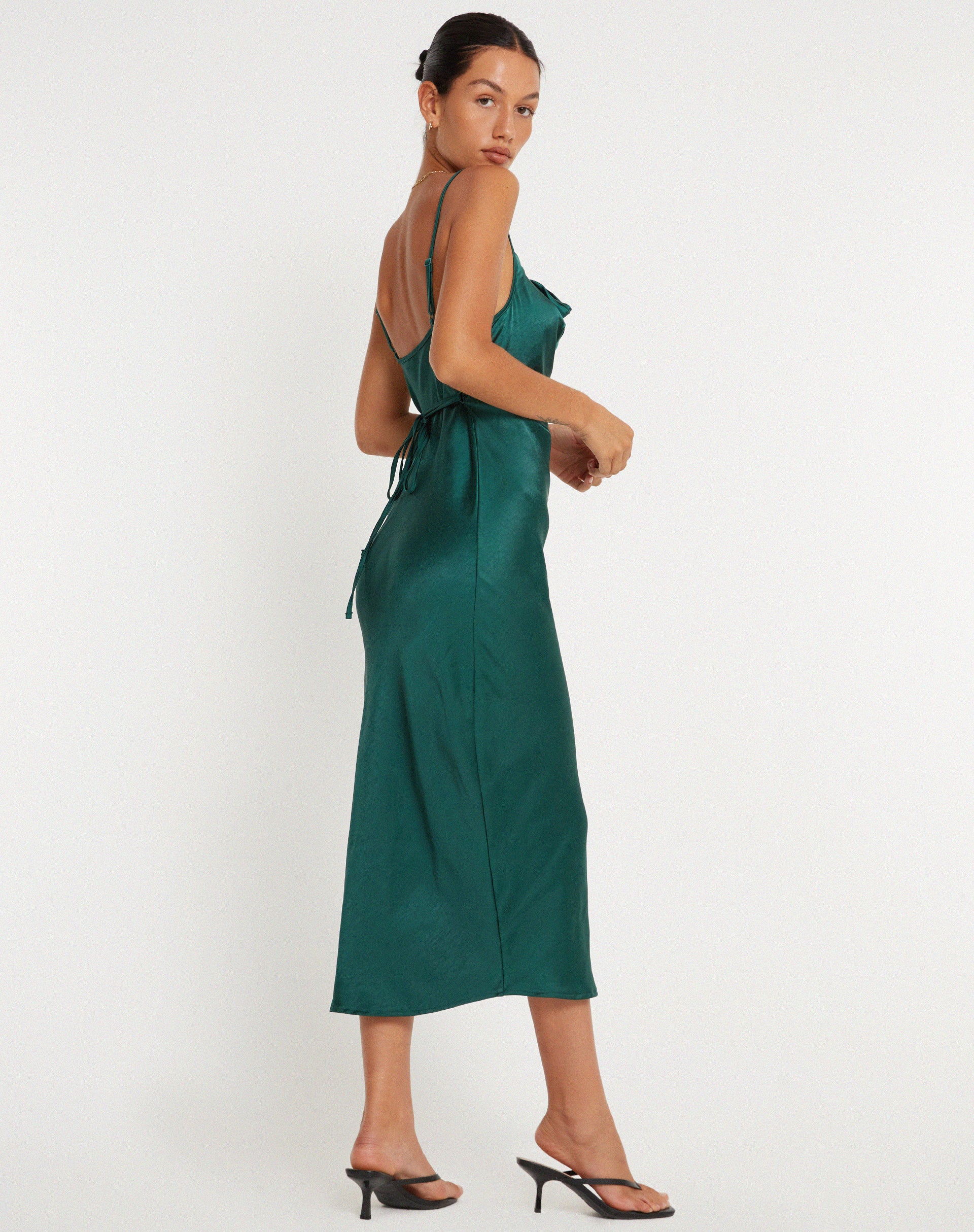 Palasha Midi Dress in Satin Forest Green - Awmao