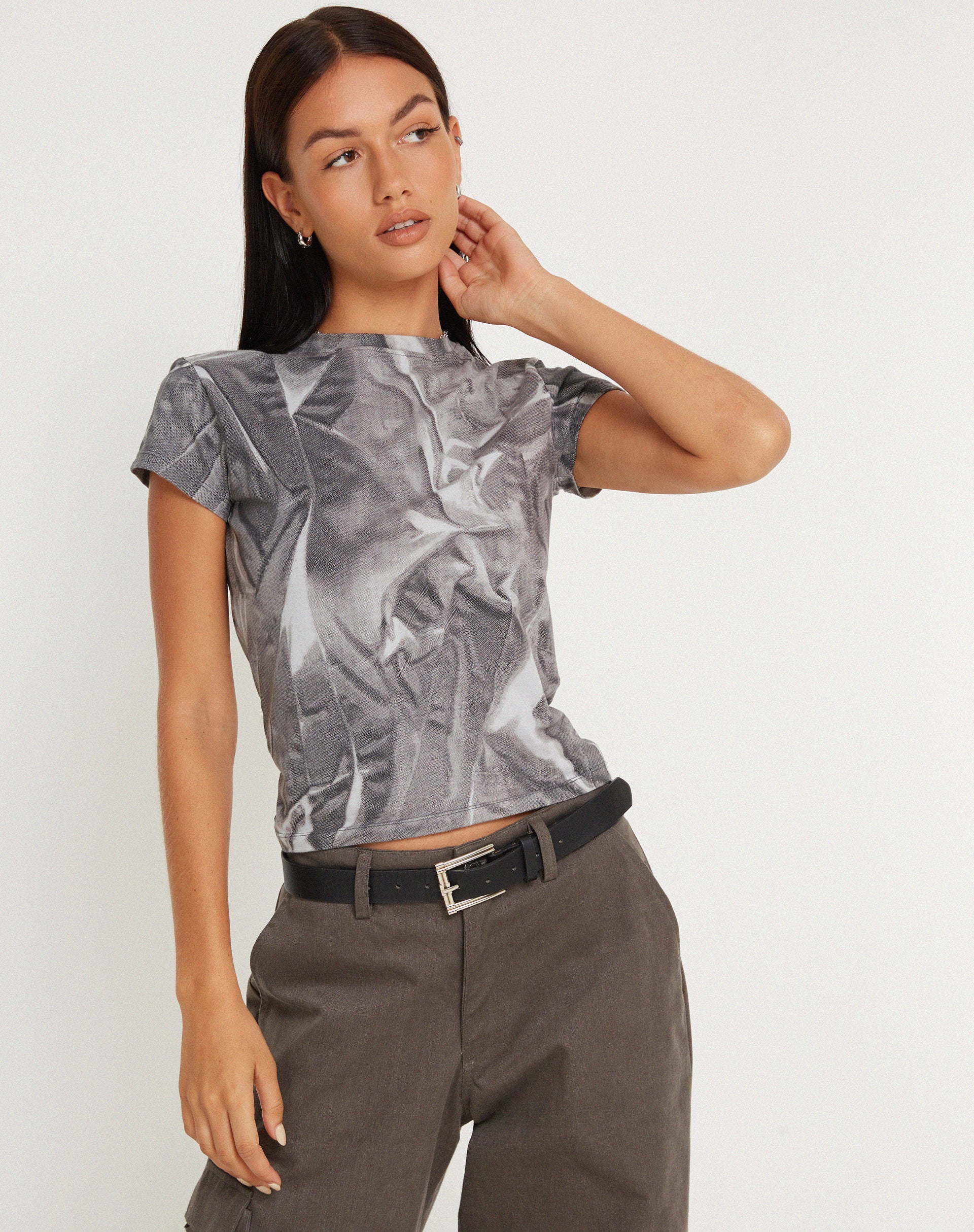Tiona Cropped Tee in Dystopian Crease Grey - Awmao
