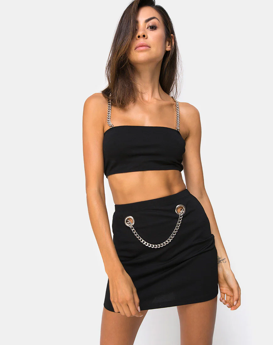 Zenda Bodycon Skirt in Black with SIlver Chain - Awmao
