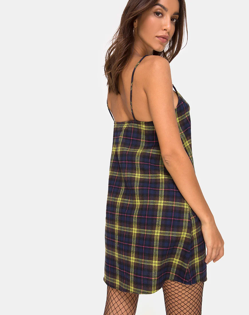 Sanna Slip Dress in Plaid Brown Yellow Check - Awmao