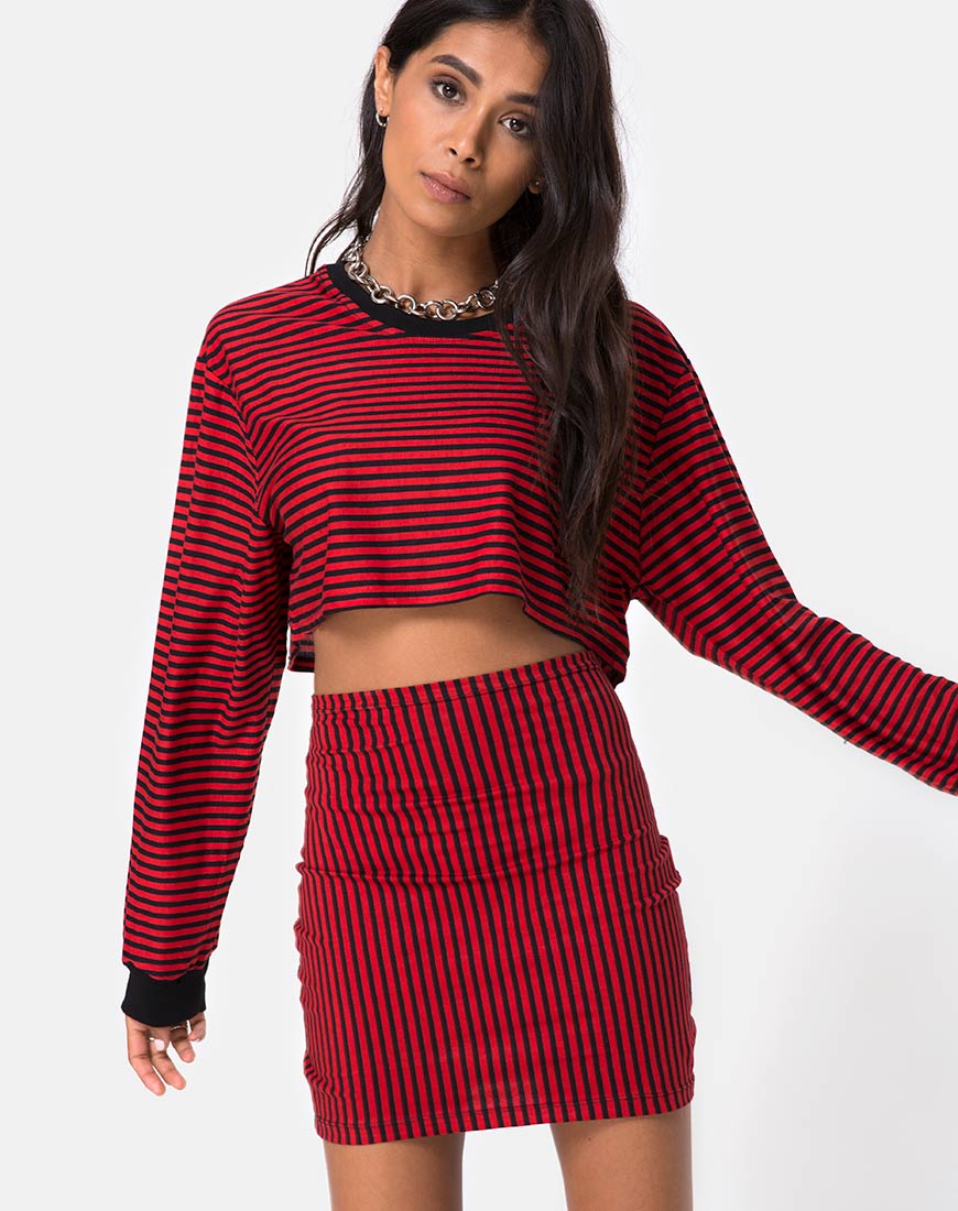 Kimmy Bodycon Skirt in Mini Stripe Red and Black - Awmao