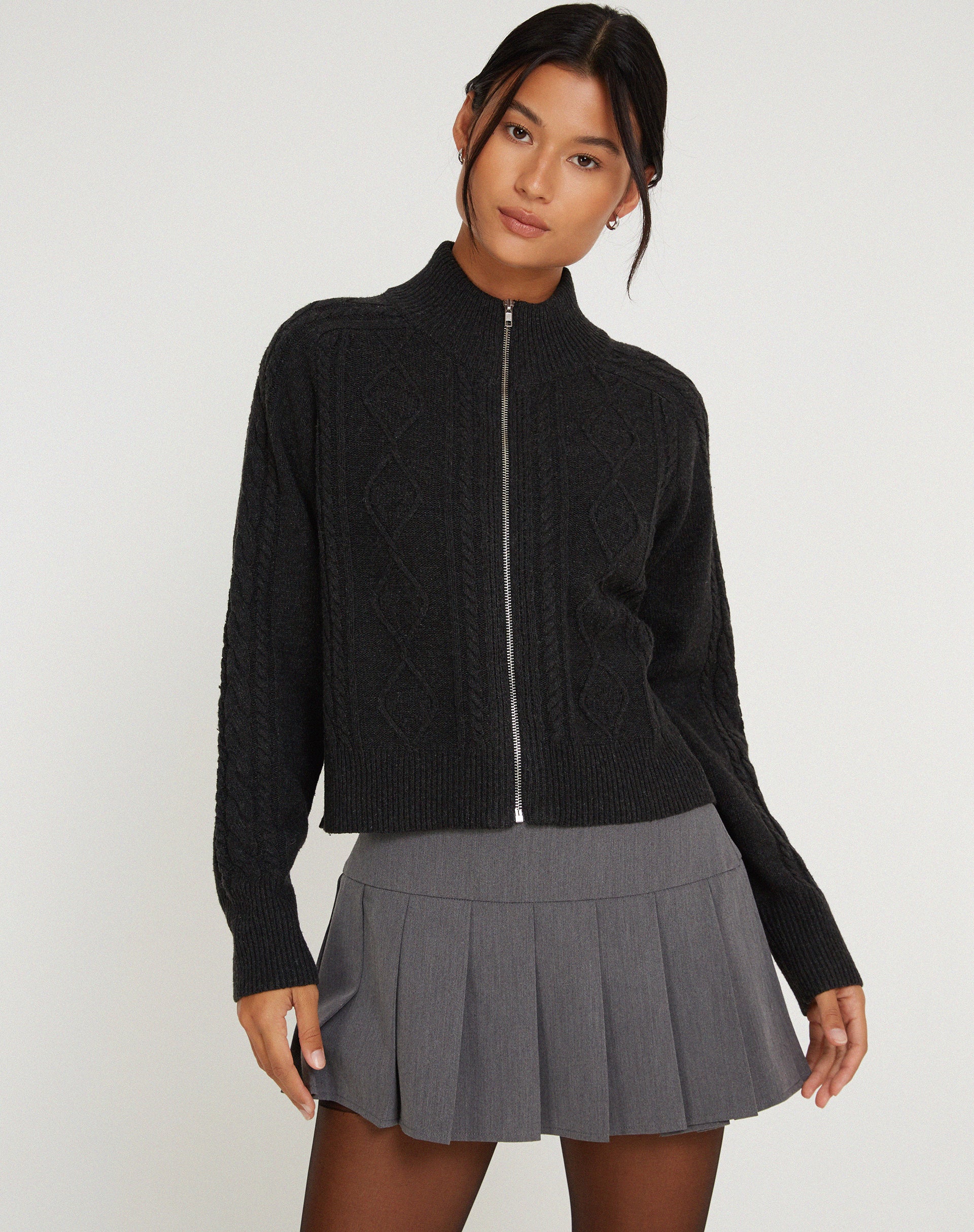 Lemila Cable Knit Jacket in Dark Shadow - Awmao