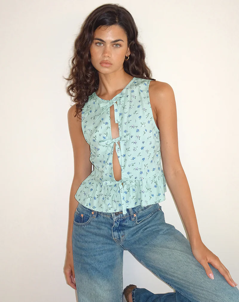 Revata Tie Front Top in Pretty Petal Green - Awmao