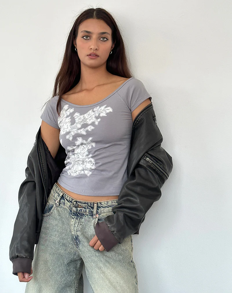 Charya Off the Shoulder Top in Grey Floral Lace - Awmao