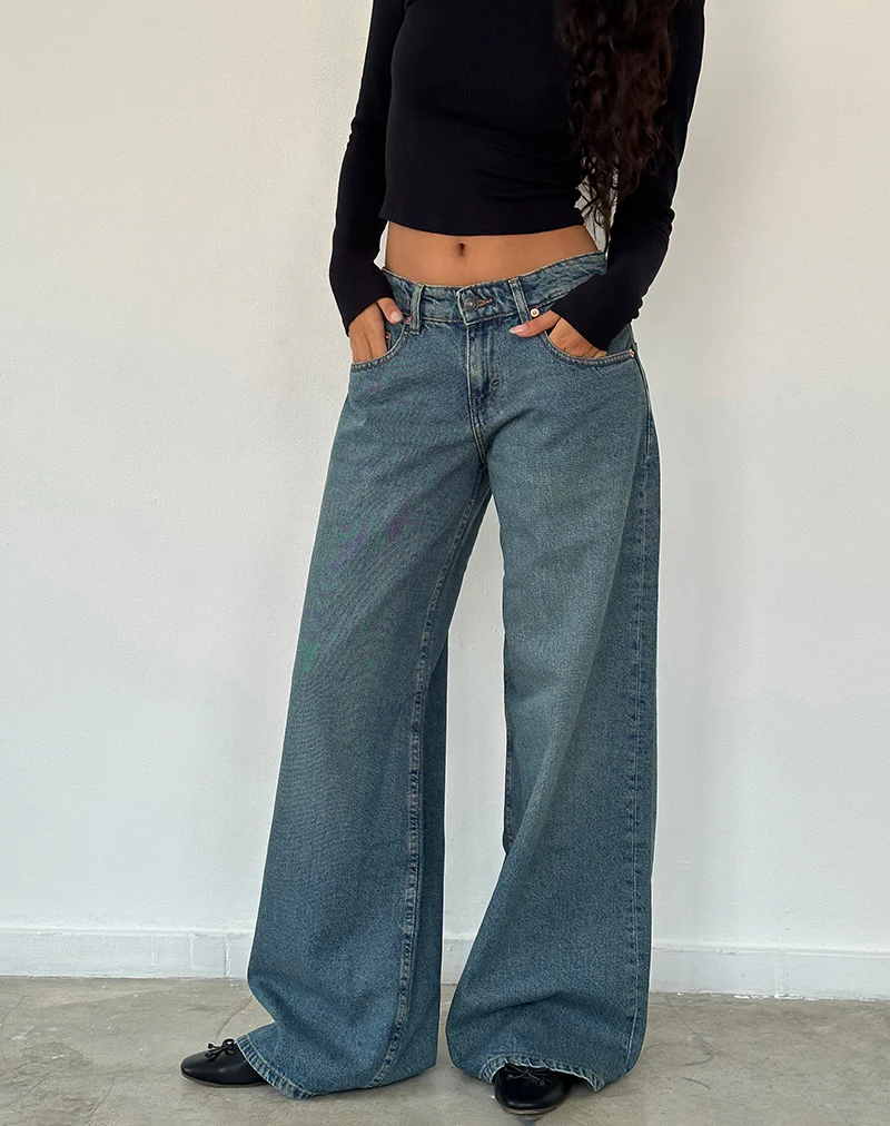 Roomy Oversized Low Rise Jeans in Vintage Blue Green - Awmao