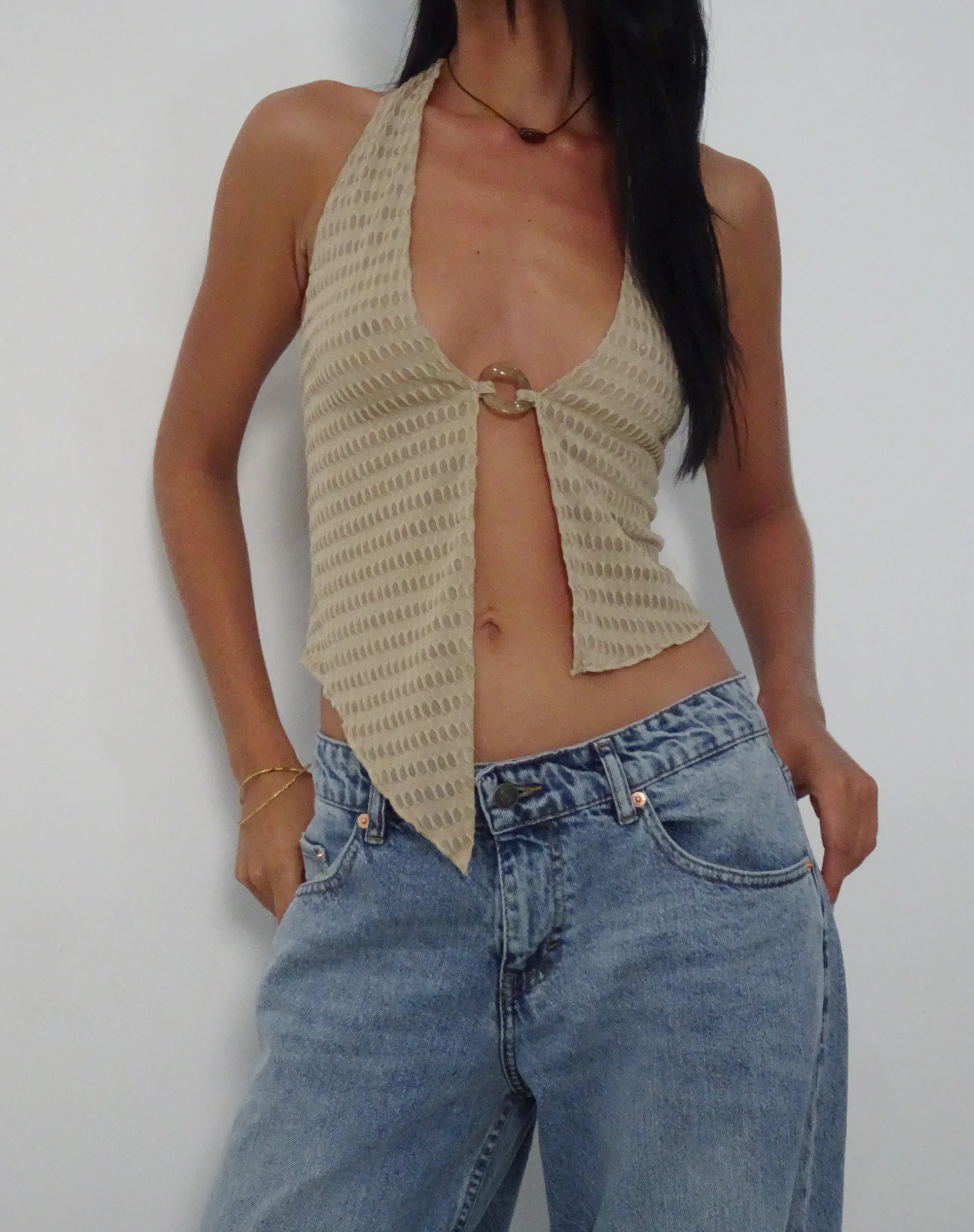 Kacie Waffle Knit Halterneck Butterfly Top in Oat - Awmao