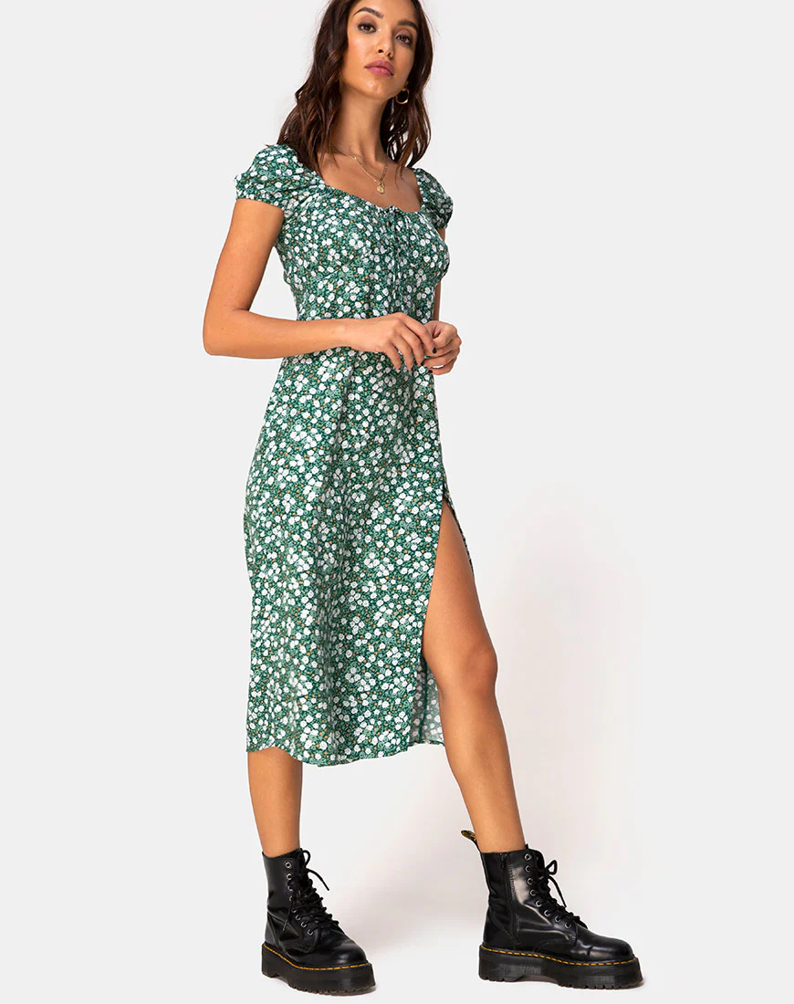 Milla Dress in Floral Field Green - Awmao