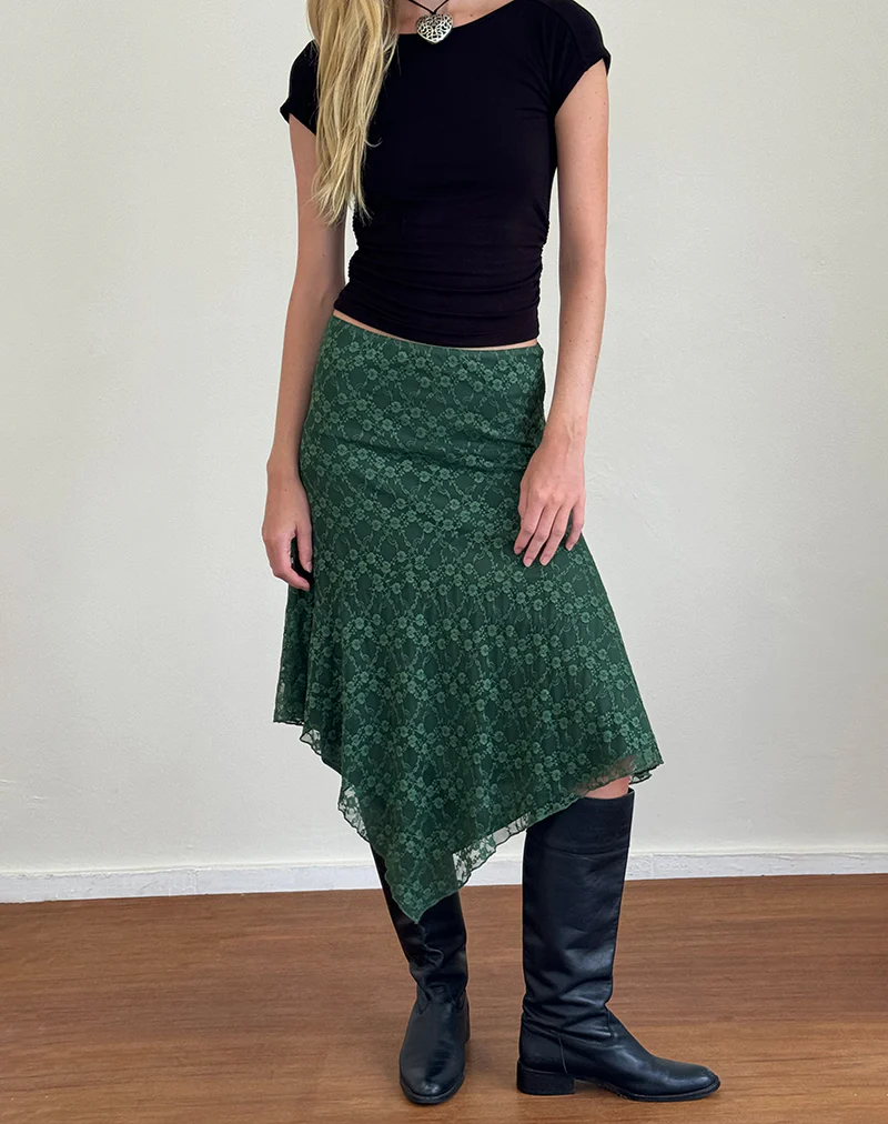 Cinta Midi Skirt in Sage Canina Rose Lace - Awmao