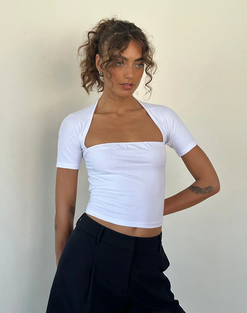 Requa Short Sleeve Square Neck Top in White - Awmao