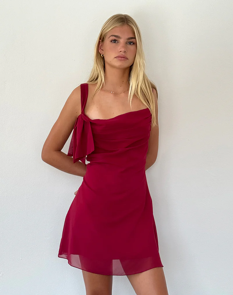 Coraline Bow Mini Dress in Burgundy - Awmao