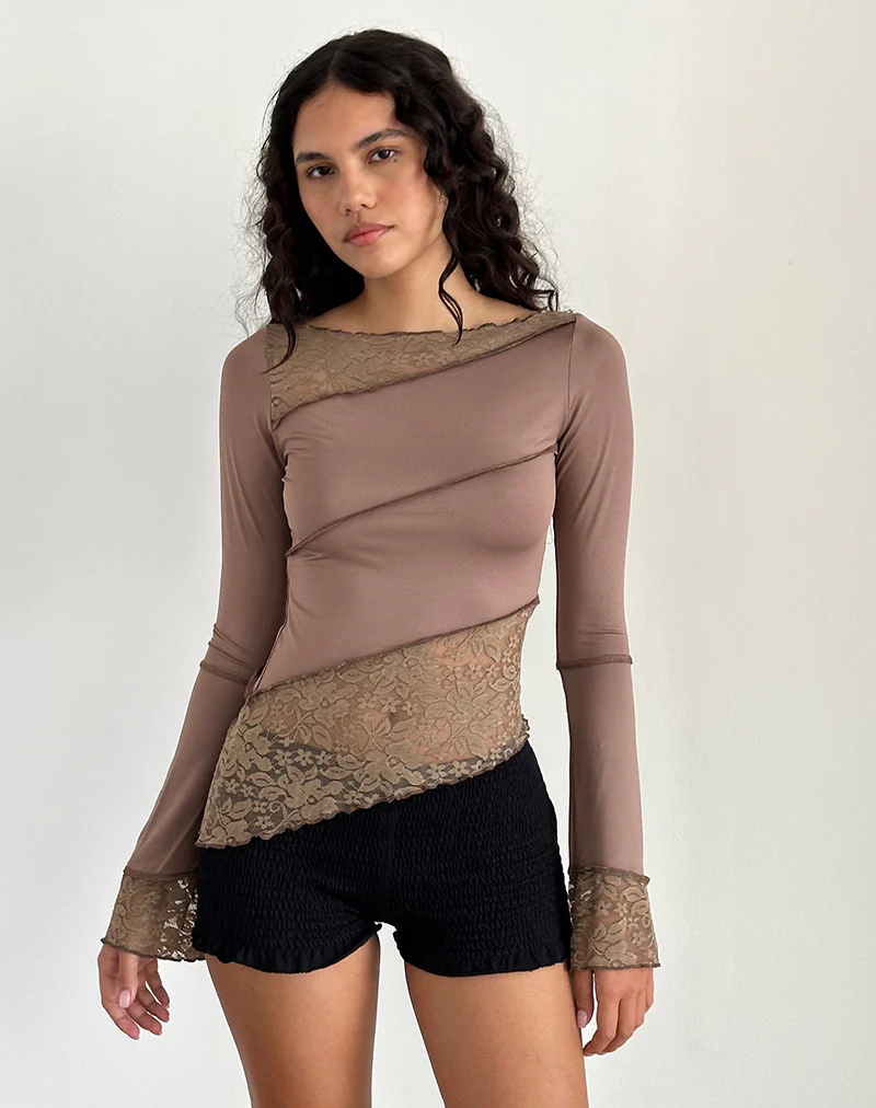Lucca Long Sleeve Top in Slinky Lace Mocha - Awmao