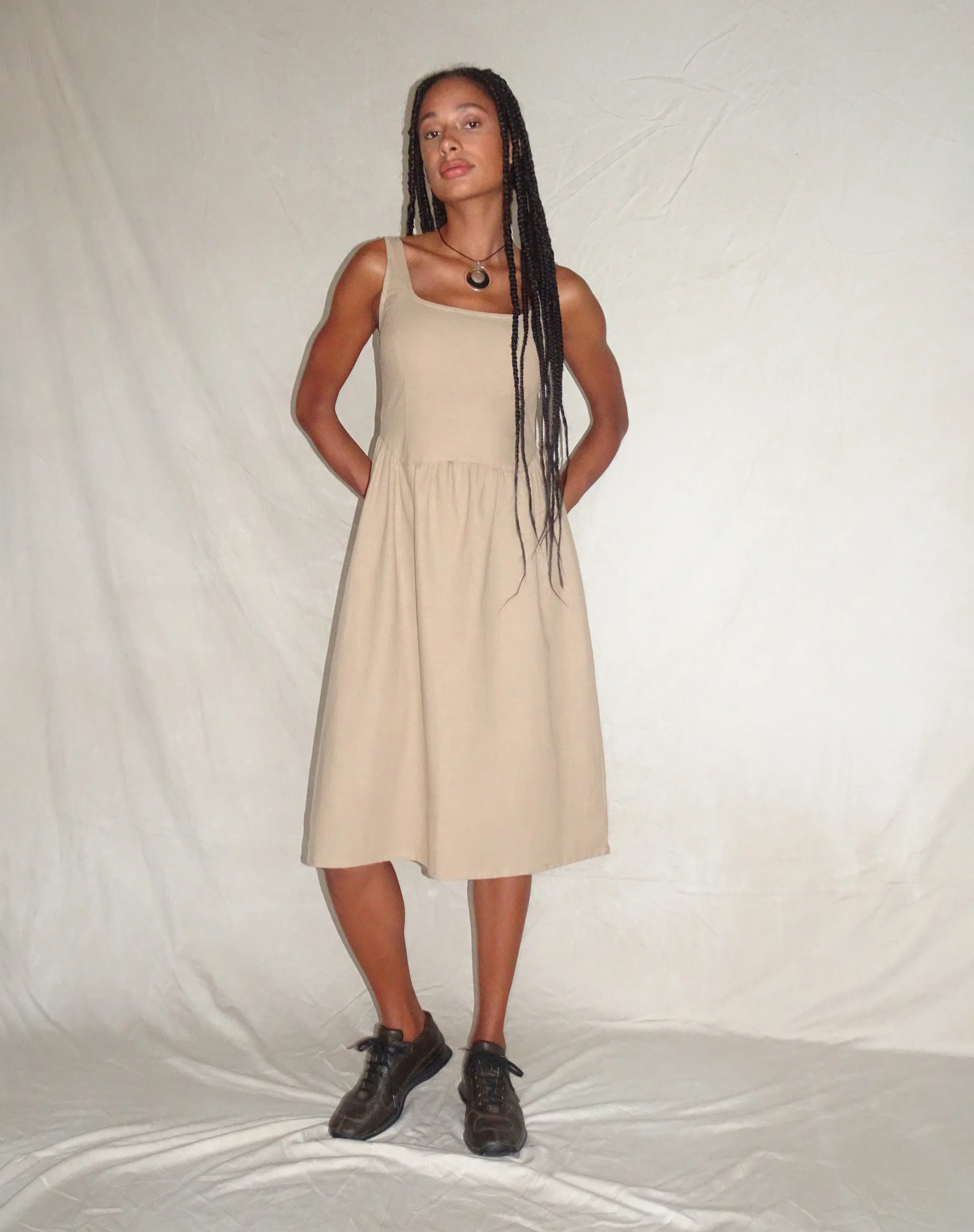 MOTEL X JACQUIE Pelove Drop Waist Midi Dress in Light Taupe - Awmao