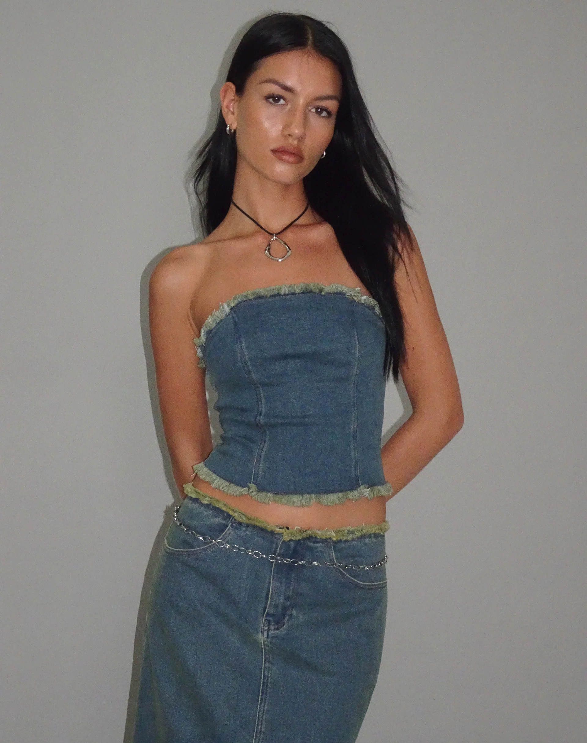 Omas Denim Bandeau Top in Brown Blue Acid Wash - Awmao
