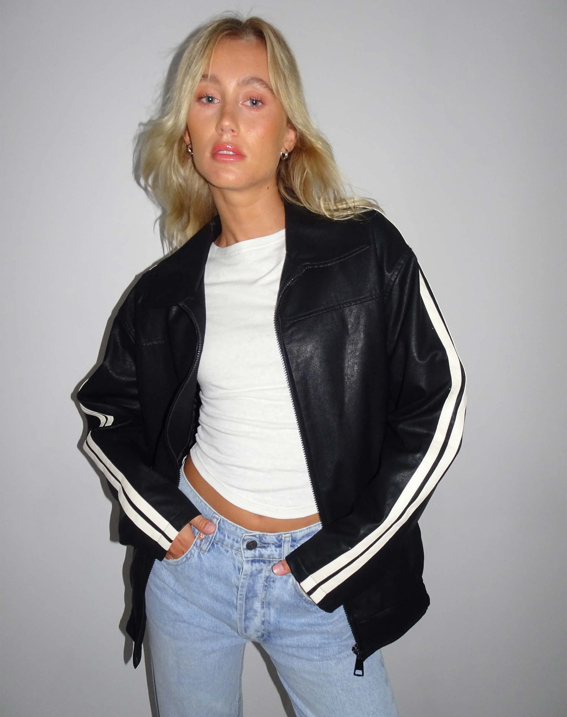 Javana Zip Up Jacket in PU Black with Beige Stripe - Awmao