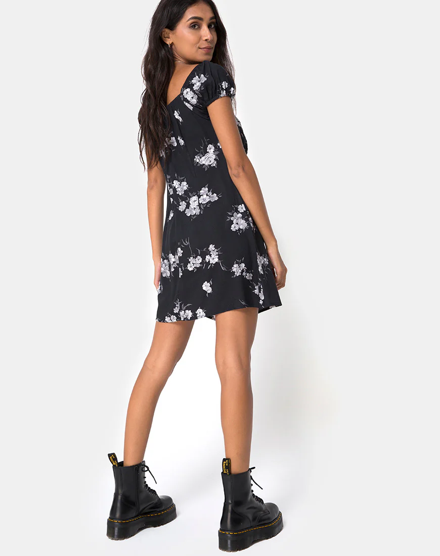 Gaval Mini Dress in Mono Flower Black - Awmao