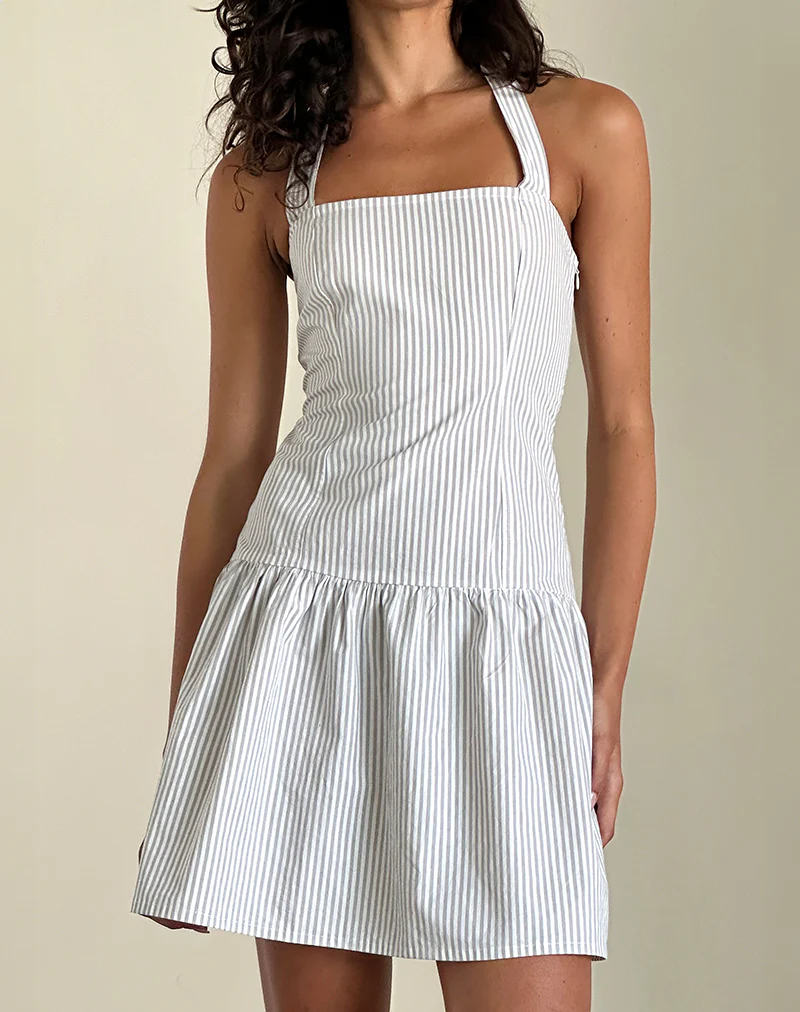 Panja Mini Dress in Small Stripe Vertical Grey - Awmao