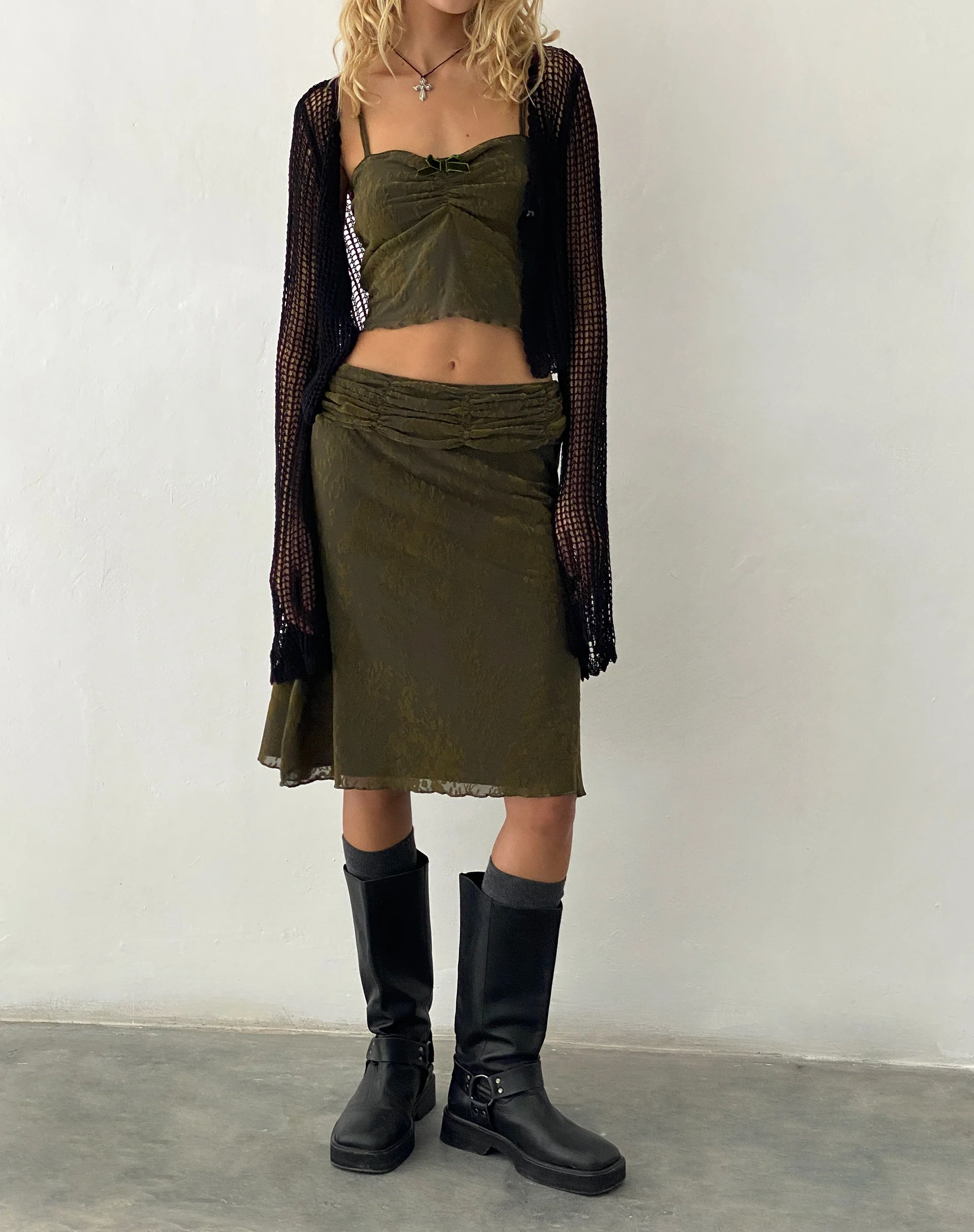Erato Midi Skirt in Abstract Botanic Dark Olive - Awmao