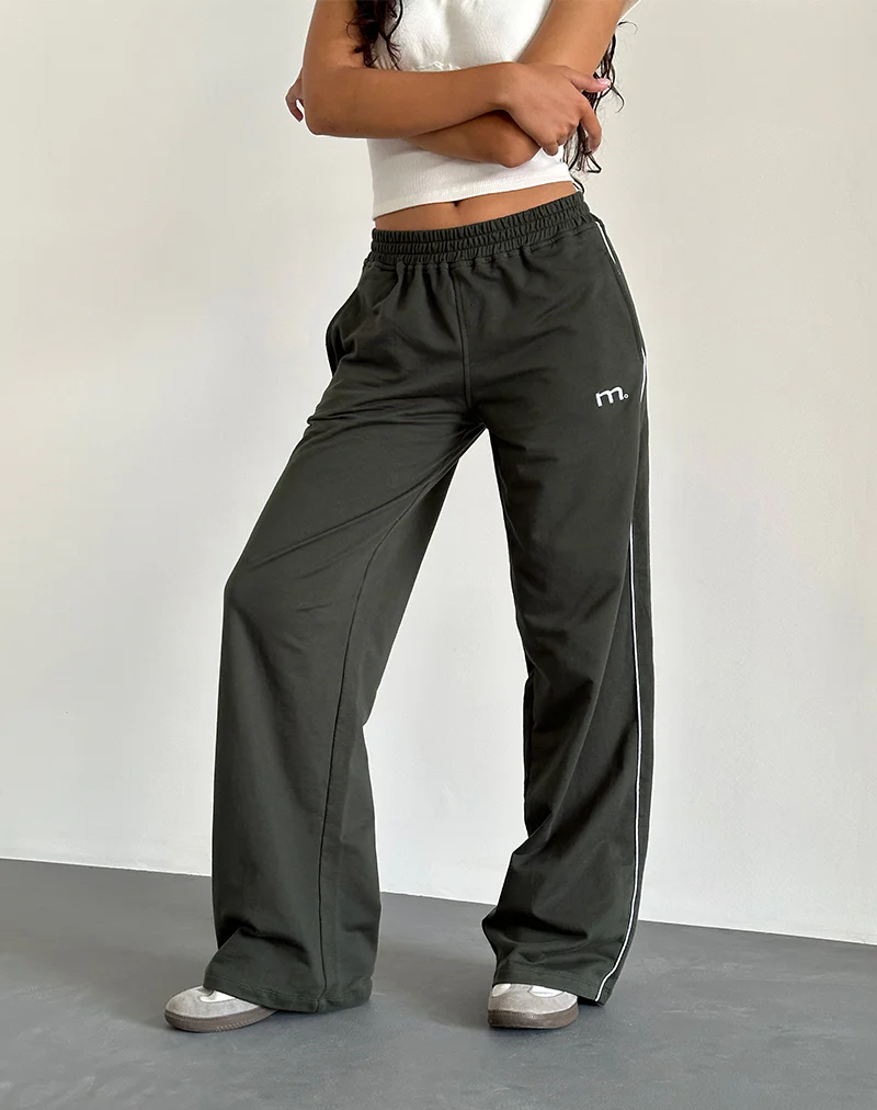 Benton Wide Leg Jogger in Olive with 'M' Embroidery - Awmao