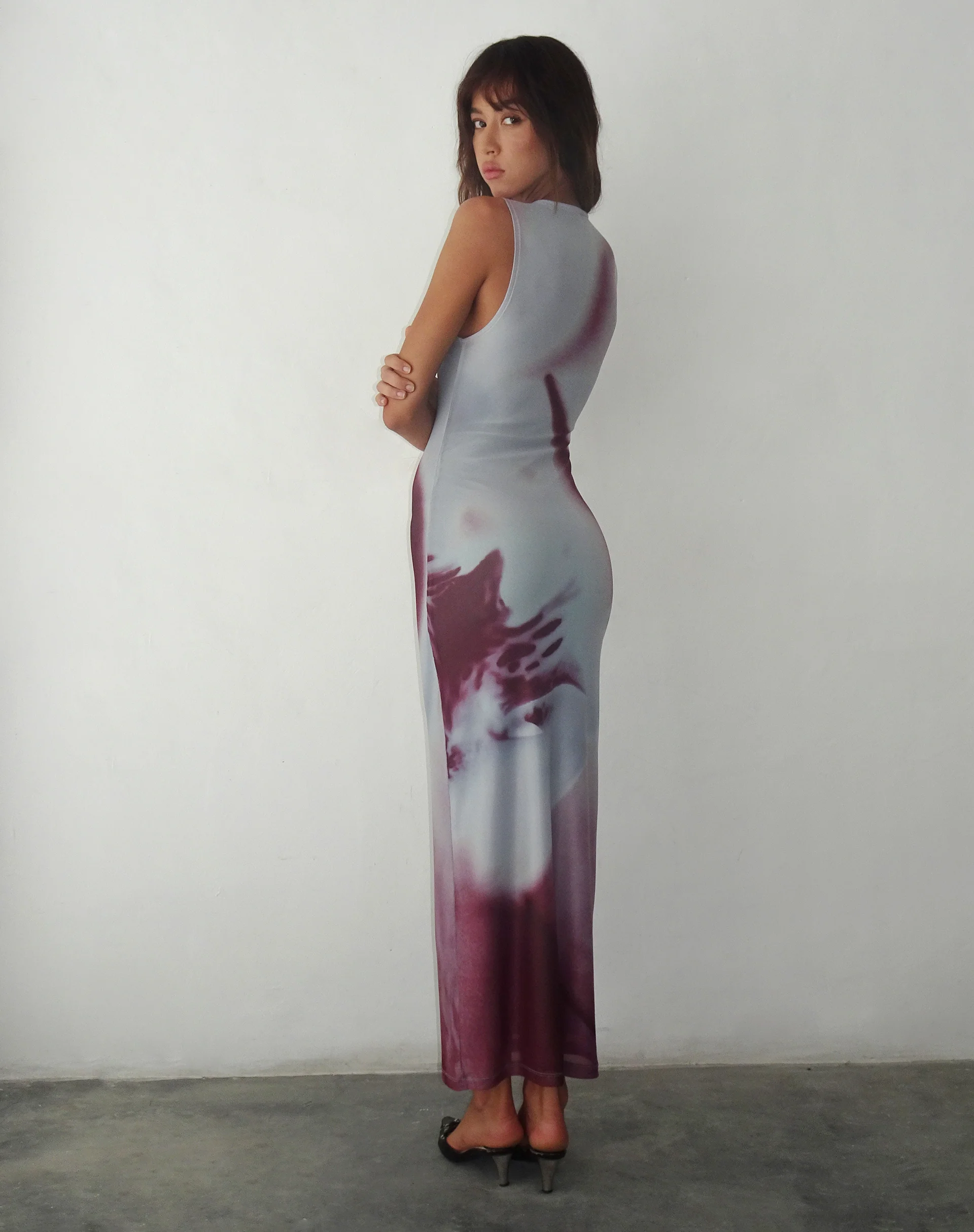 Fayola Printed Maxi Dress in Grey Anatomy of Nature - Awmao