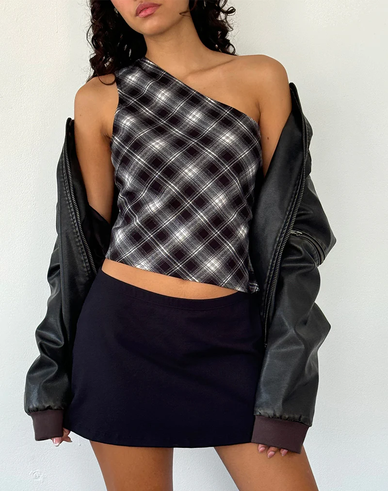 Harini One Shoulder Top in Black White Check - Awmao