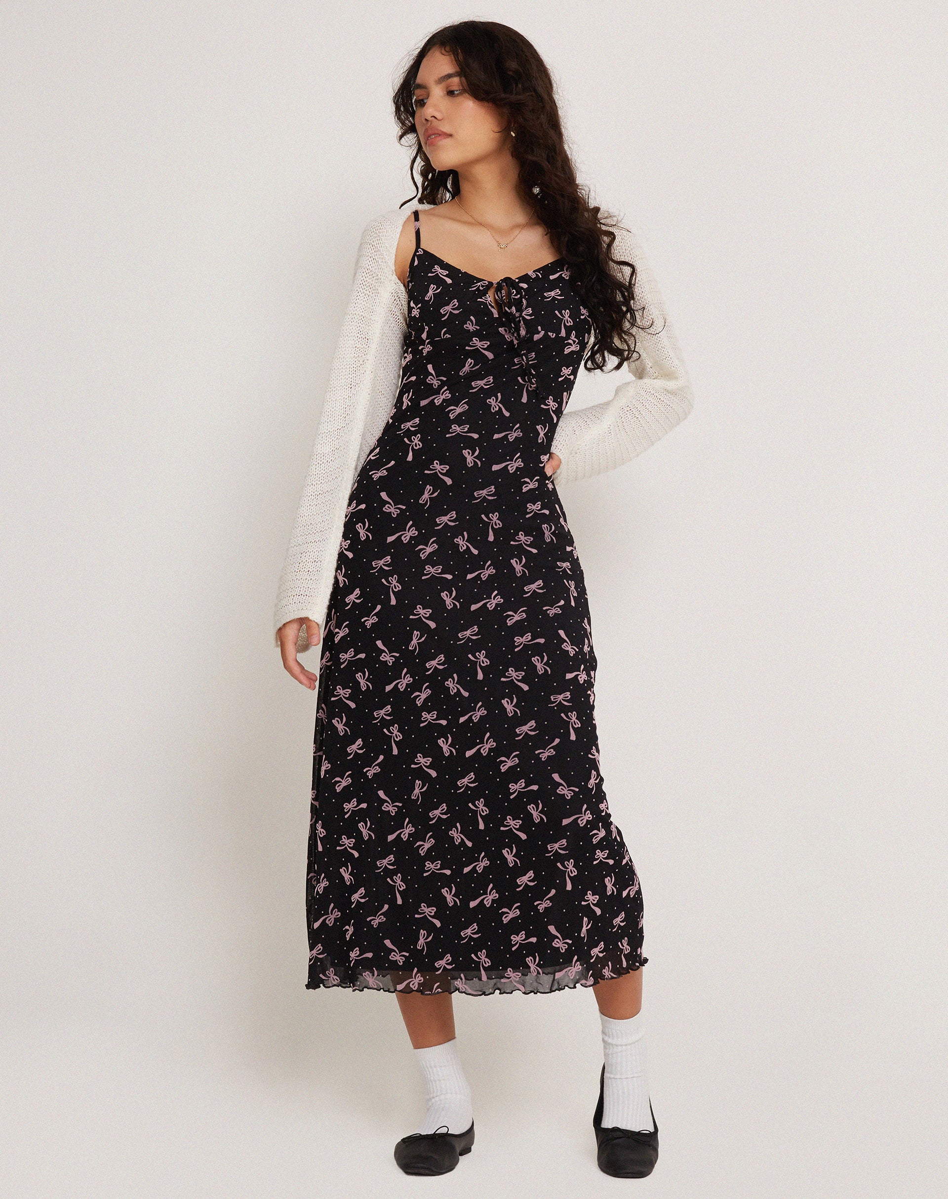 Coya Midi Dress in Mesh Ditsy Ribbon Dusty Pink Flock - Awmao
