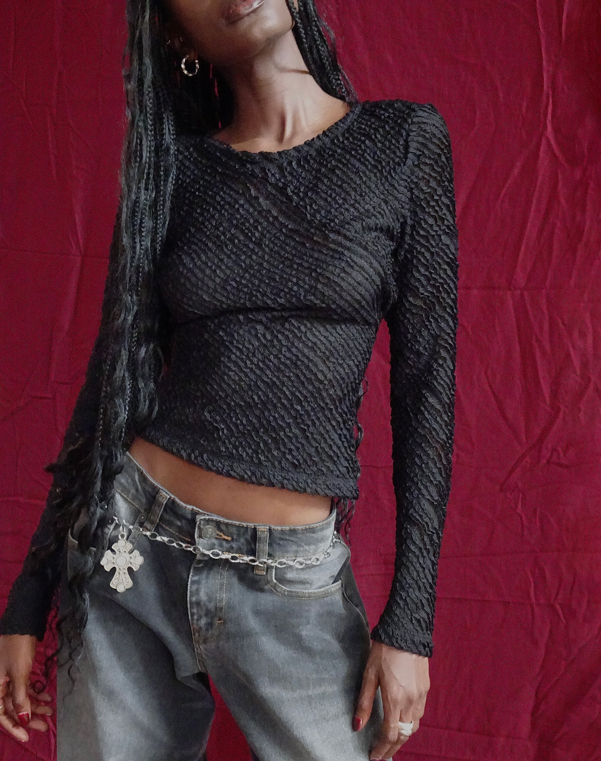 Maya Long Sleeve Top in Textured Black - Awmao
