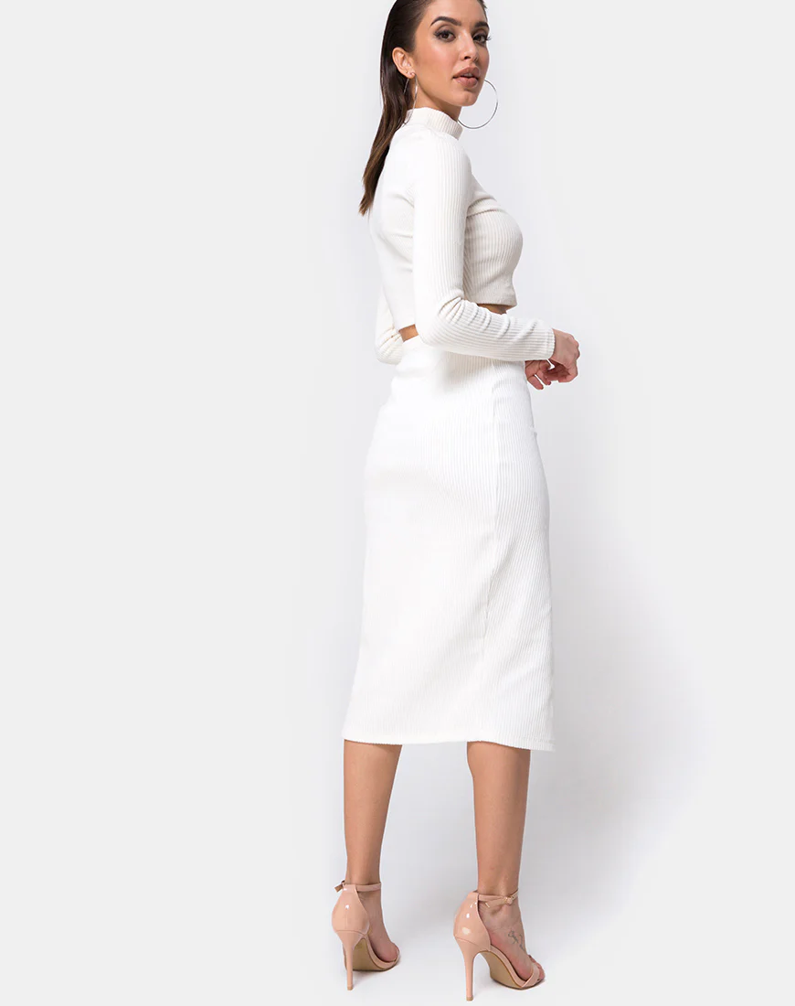 Midi Cheri Split Skirt in Velvet Rib White - Awmao