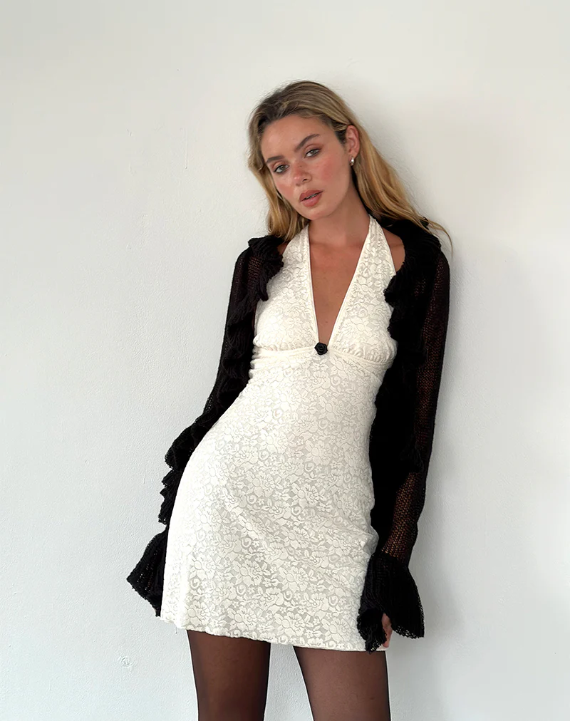 Codami Halter Neck Mini Dress in Rose Lace Ivory - Awmao