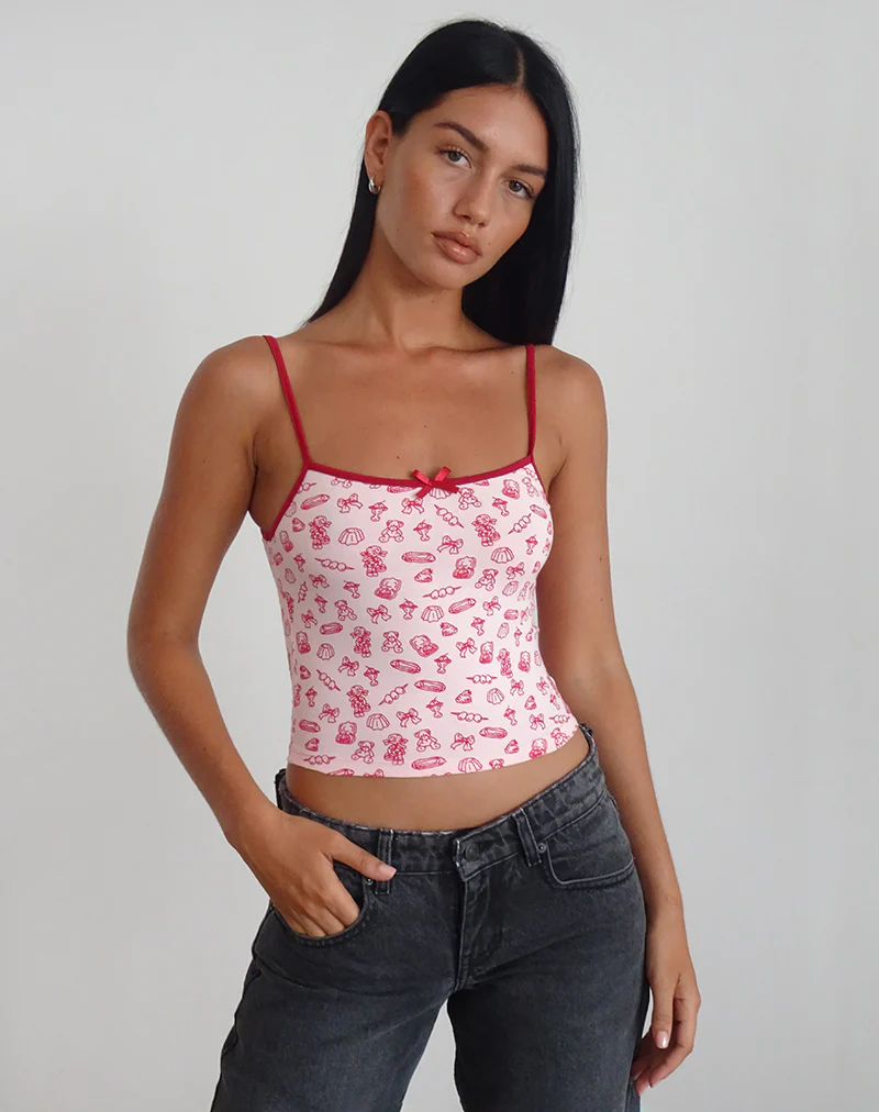 Isna Cami Top in Girlie Print with Red Binding - Awmao