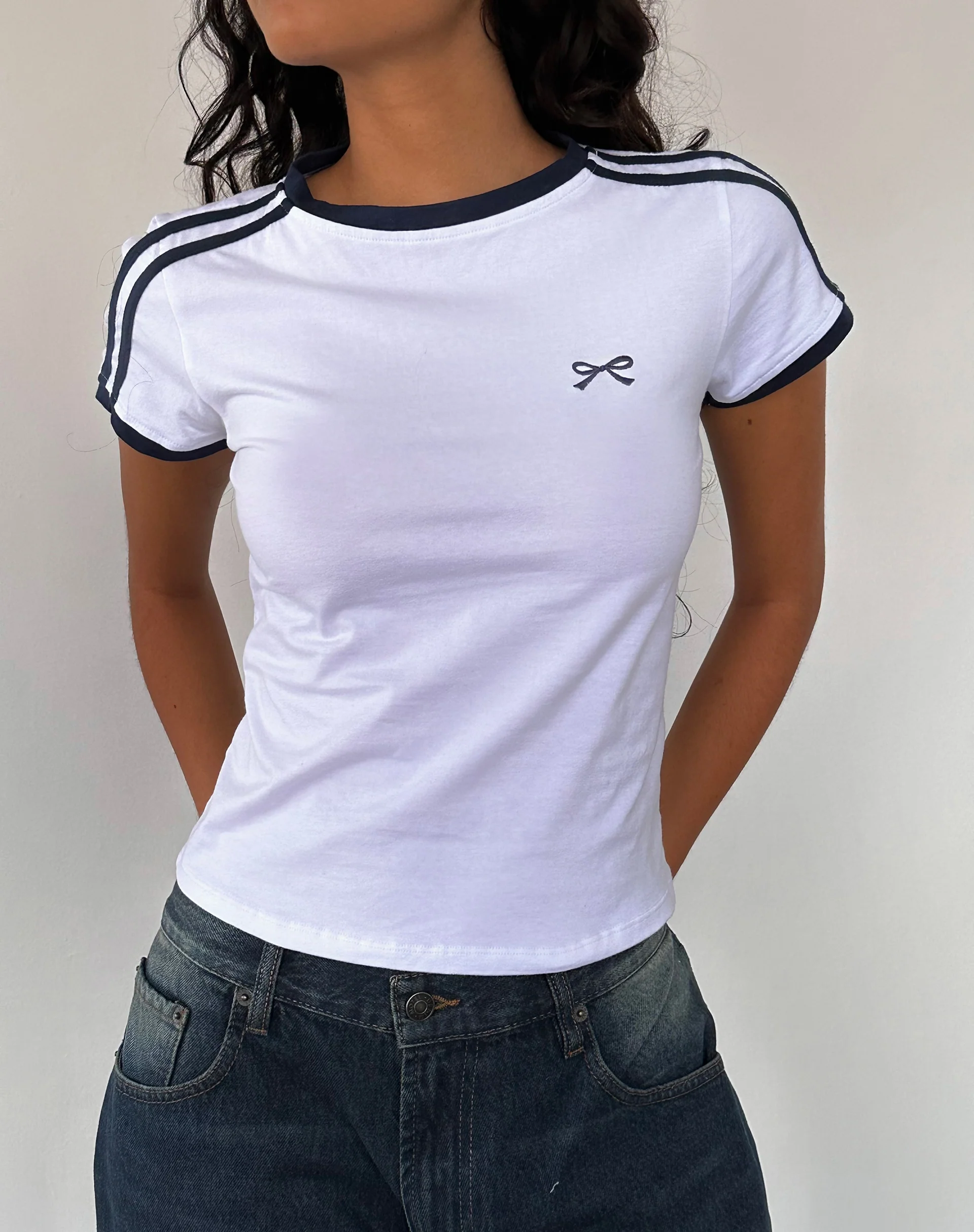 Salda Sporty Tee in White with Navy Binding - Awmao