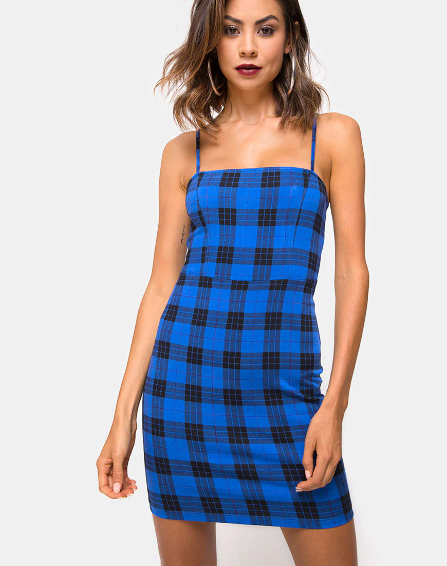 Boco Mini Dress in Tartan Blue - Awmao