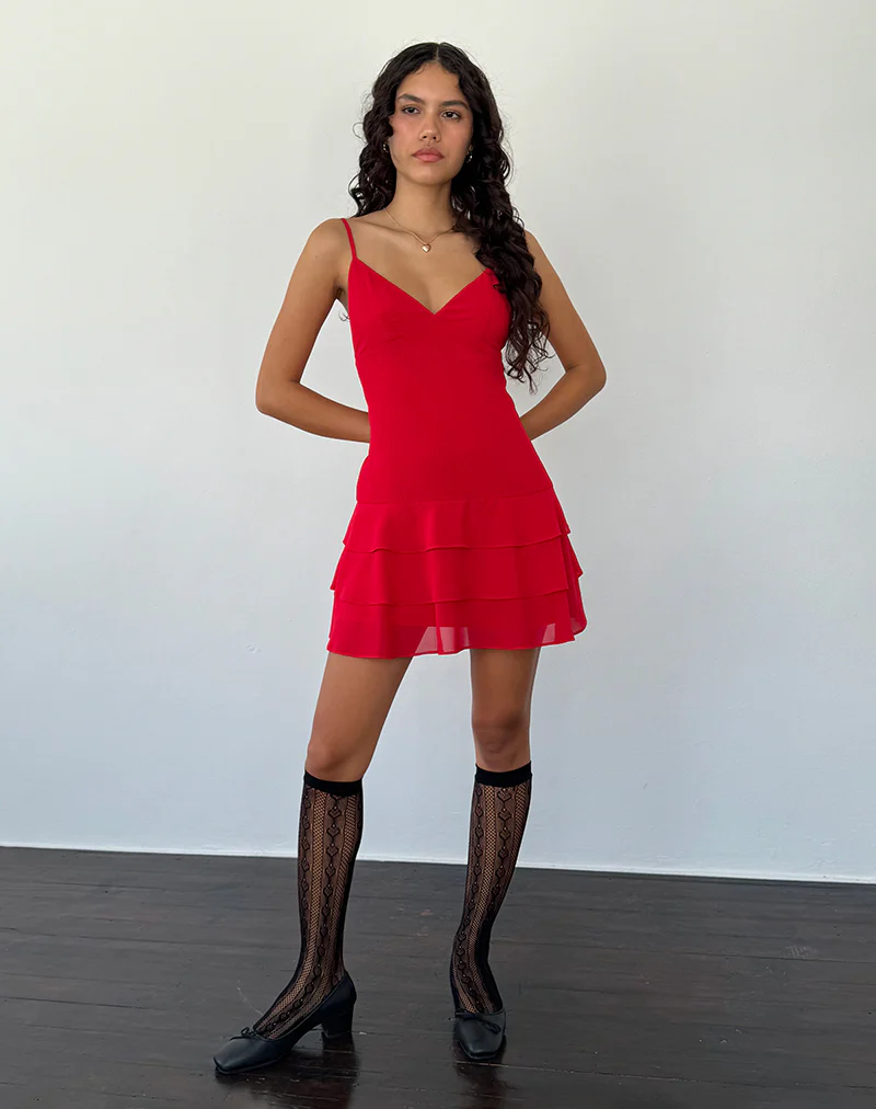 Riasi Ruffle Mini Dress in Chiffon Red - Awmao