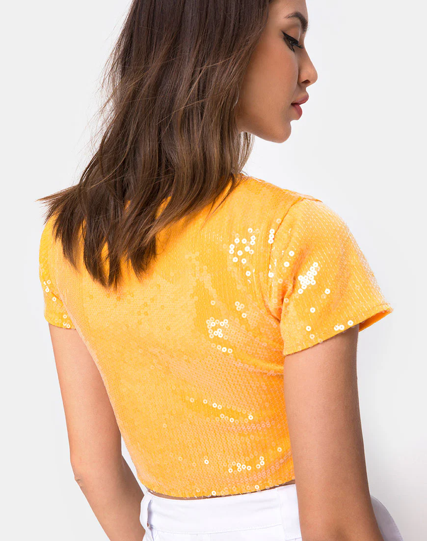Tindy Crop Top in Tangerine with Clear Sequin - Awmao