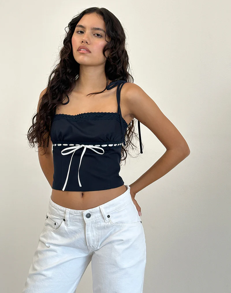 Karisa Cami Top in Navy with White Binding - Awmao