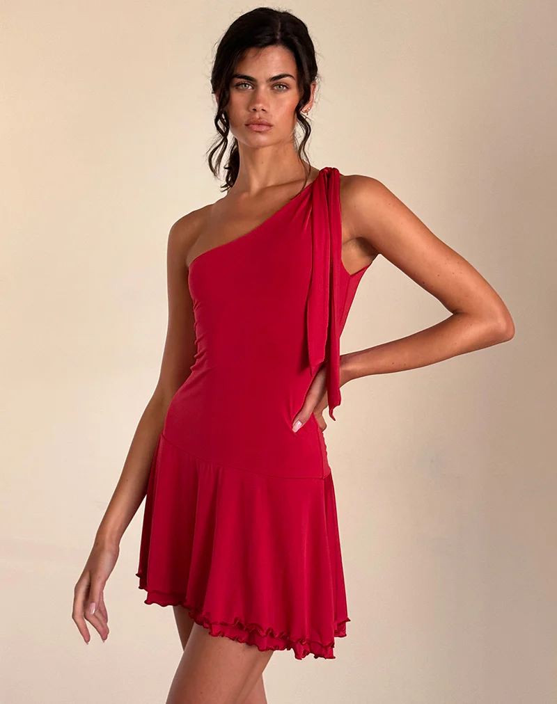 Boone One Shoulder Mini Dress in Slinky Red - Awmao