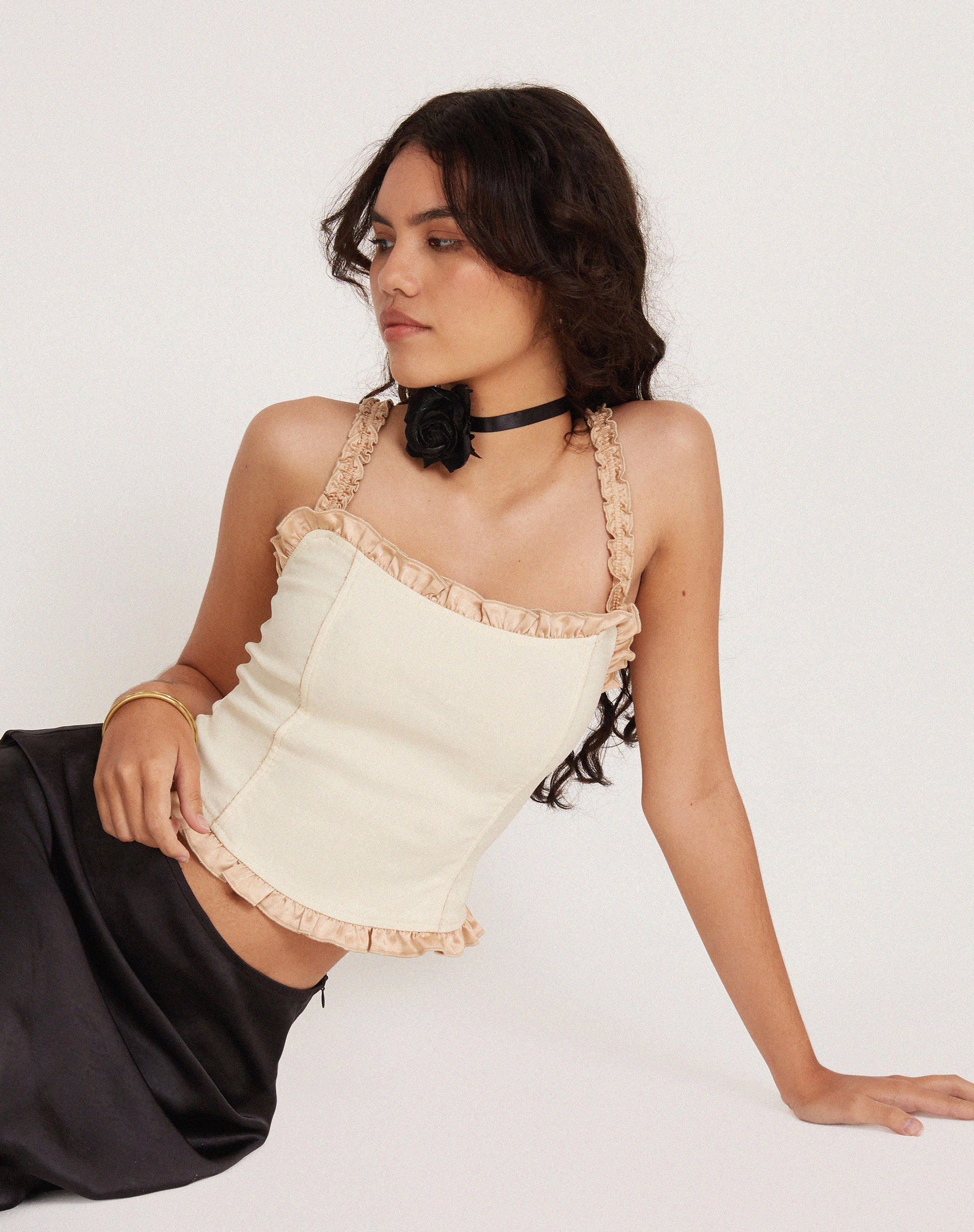 Idalia Corset Top in Cream with Satin Ruffle - Awmao
