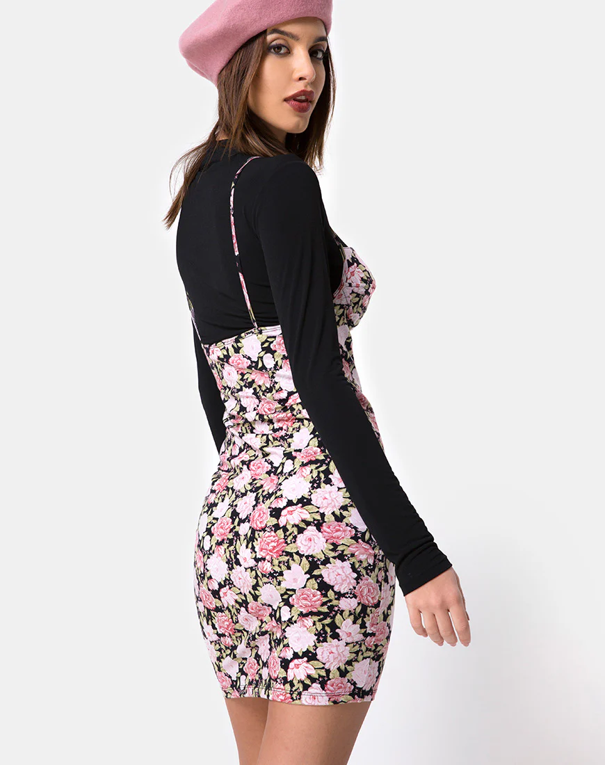Alvina Bodycon Dress in Bloom Floral Black Base - Awmao