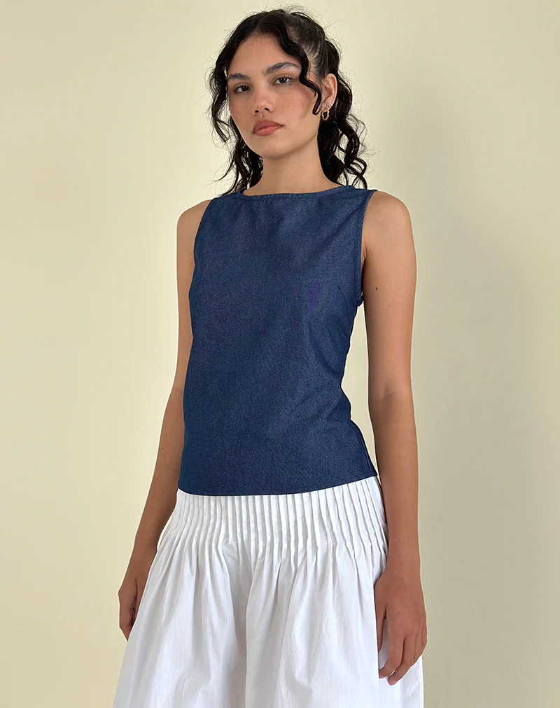 Yashia Tie Top in Denim Chambray Indigo - Awmao
