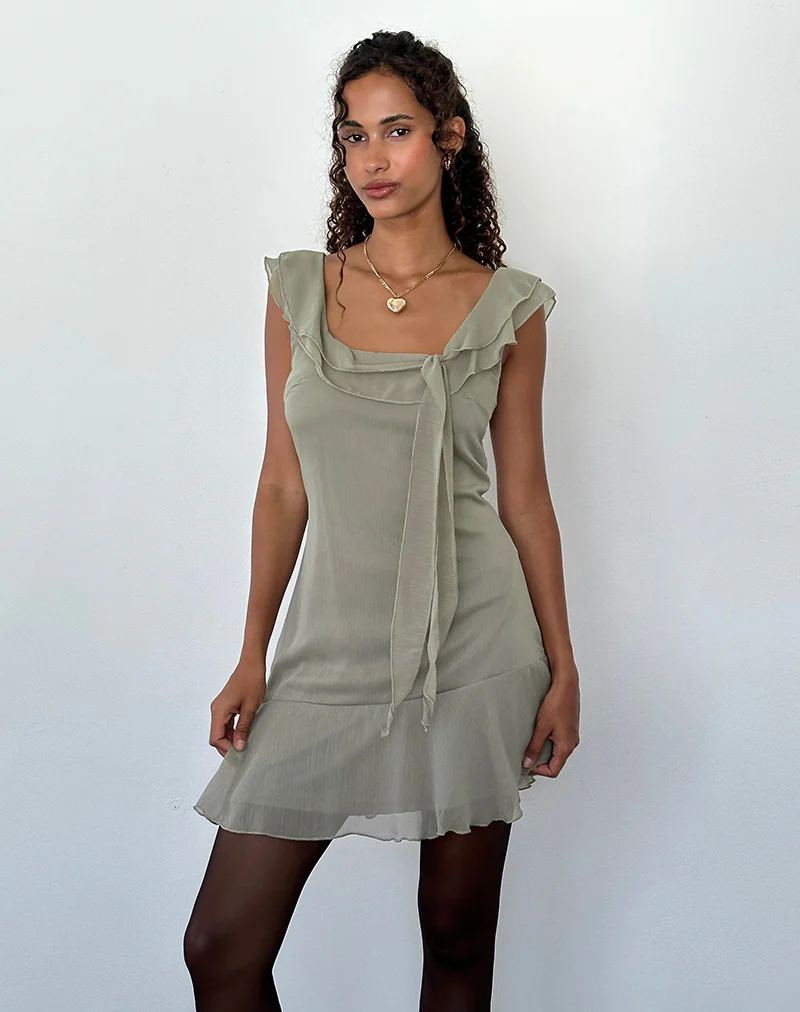 Binita Mini Dress In Chiffon Olive - Awmao