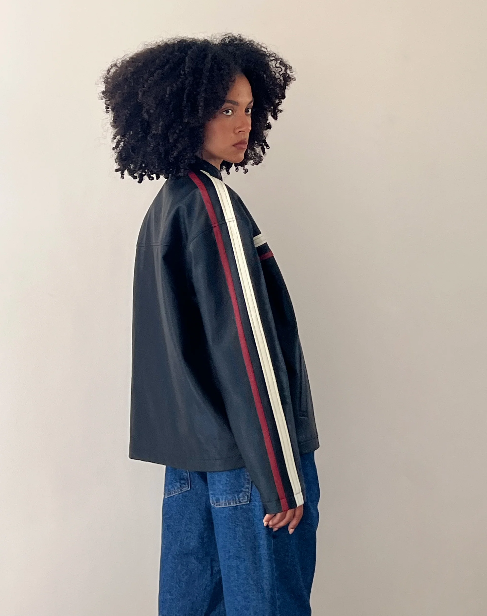 Colton Jacket in PU Black with Ivory and Red Stripe - Awmao