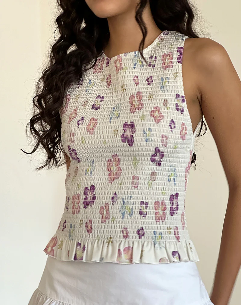 Kagumi Shirred Top in Flower Stamp Purple - Awmao
