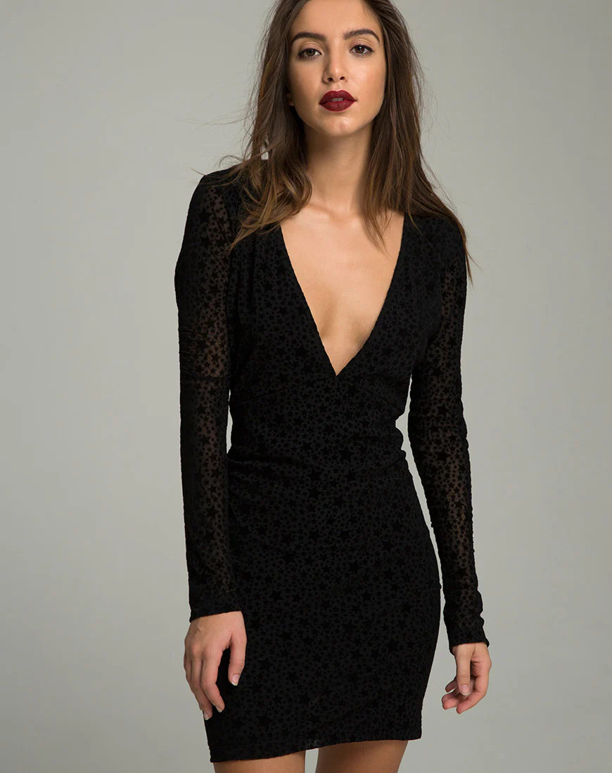 Meli Plunge Dress in Flock Star Lace Black - Awmao
