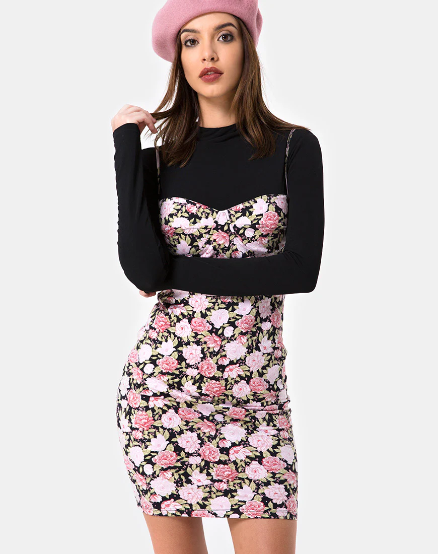Alvina Bodycon Dress in Bloom Floral Black Base - Awmao
