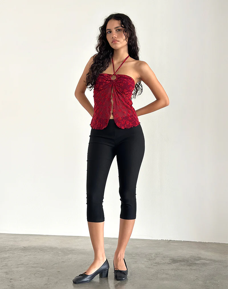 Janar Halterneck Top in Grunge Flower Flock Red - Awmao
