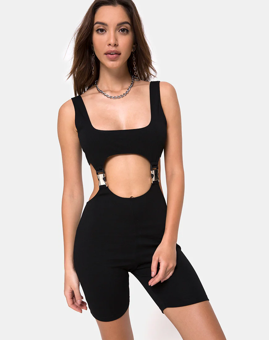 Requi Unitard in Black with Silver Buckles - Awmao